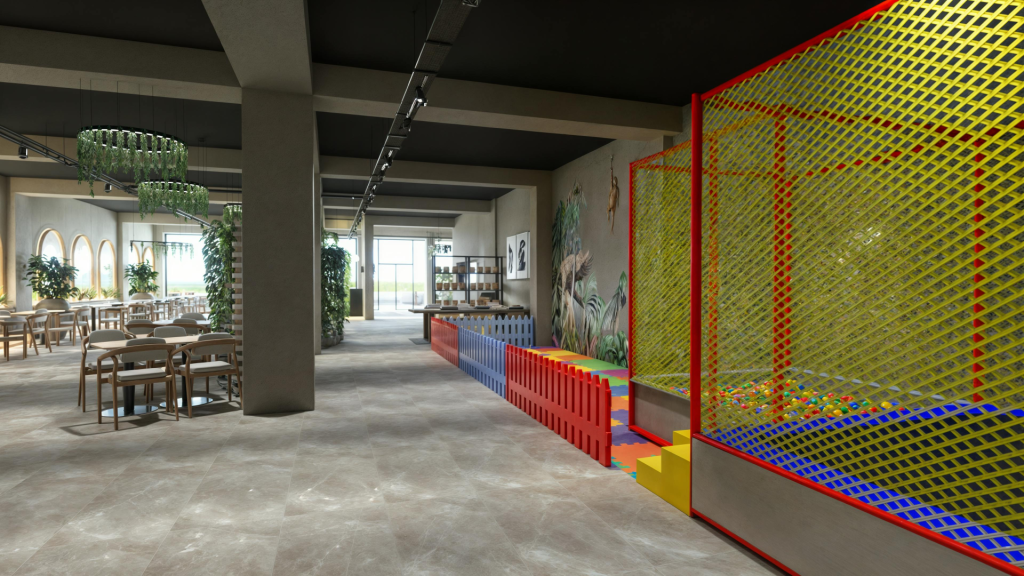 A stylish combination of dining area and children's play zone in a modern interior setting.